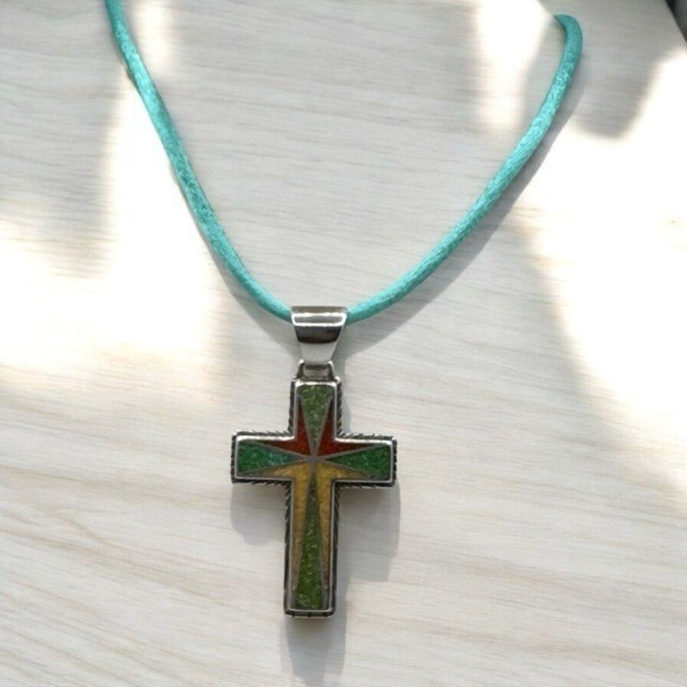 Southwestern Sterling Silver Cross Necklace Inlay Blue Rope Cord Adjustable